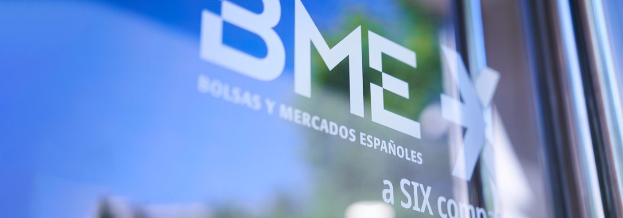 Reflexion of the logo of BME Bolsas y Mercados Españoles, a company of the SIX group