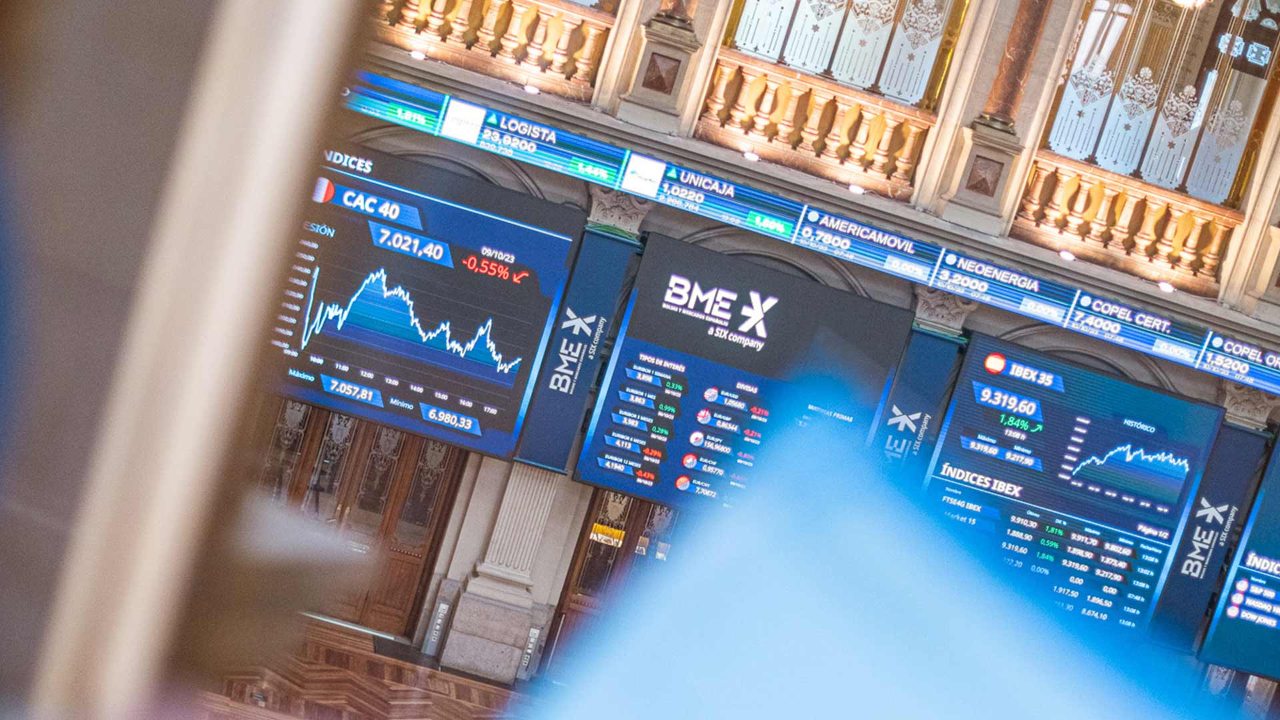 Stock market index screens trading floor Madrid Stock Exchange