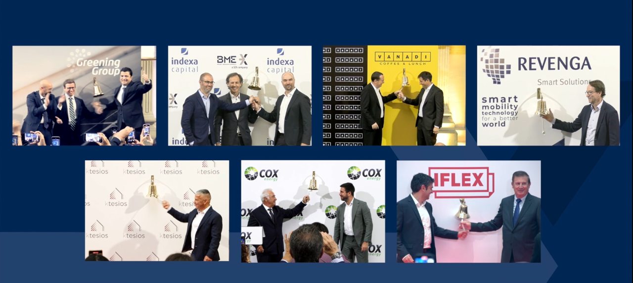 9 companies celebrating their first year as BME GROWTH listed companies: 6 expansion companies Greening Group, Cox Energy, Indexa Capital, Vanadi Coffee, Revenga and IFLEX Flexible Packaging and 3 Socimis Ktesios, Miciso and Milepro